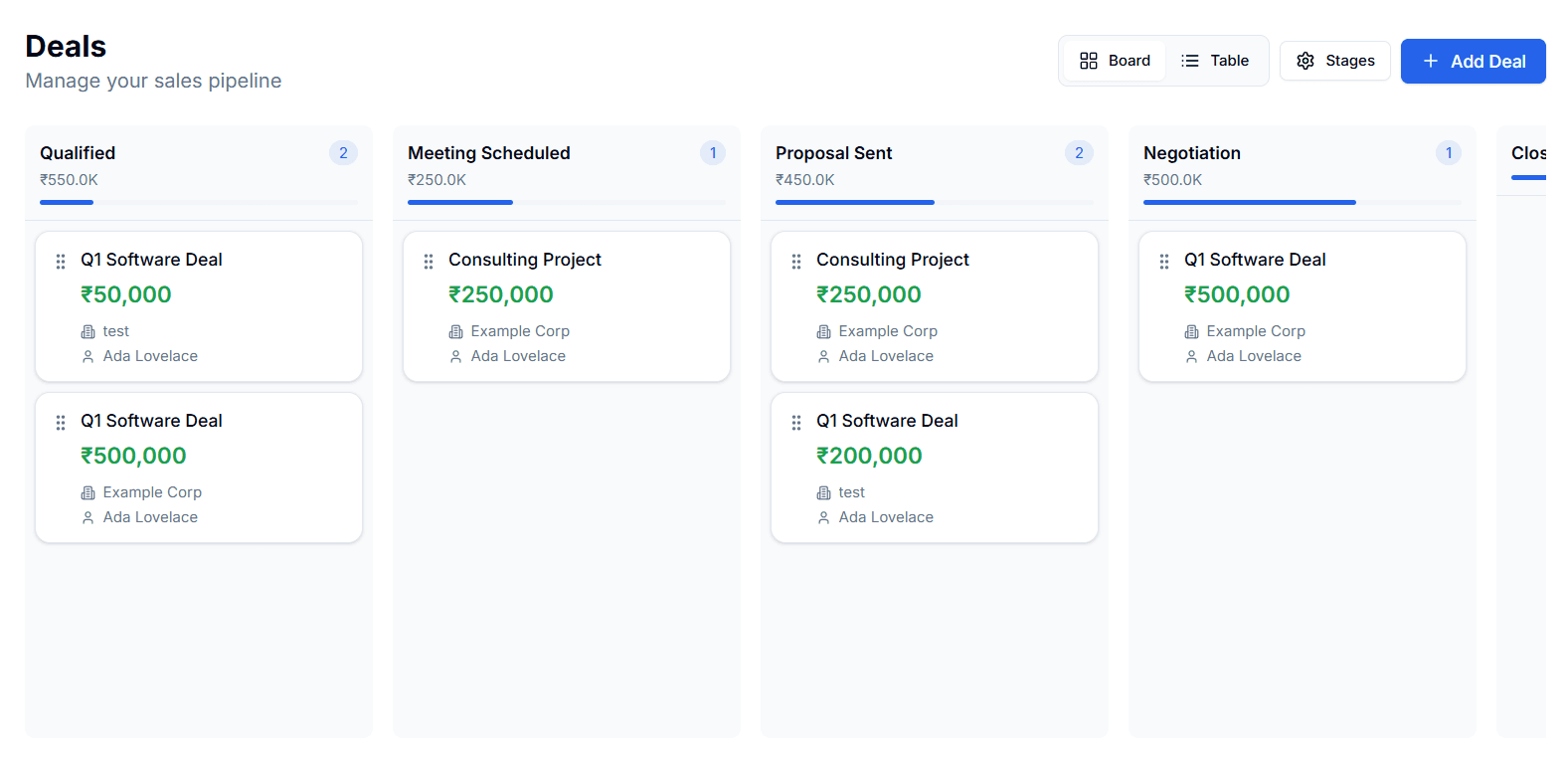 CRM product interface